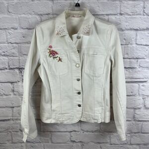 Kikit Y2K Country Western Floral Embroidered White Denim Jean Jacket Size M